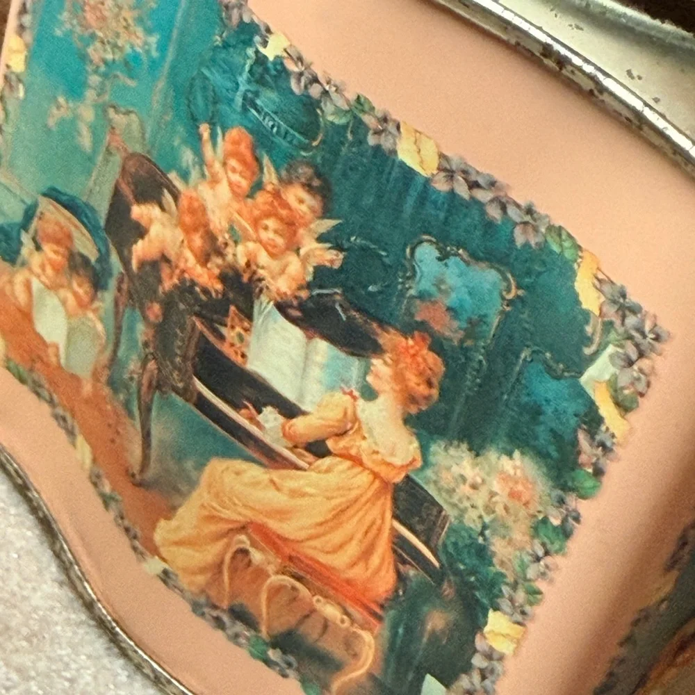 Vintage Decorative Peach  Pink Metal Canister with Cherub Panel‎ Victorian